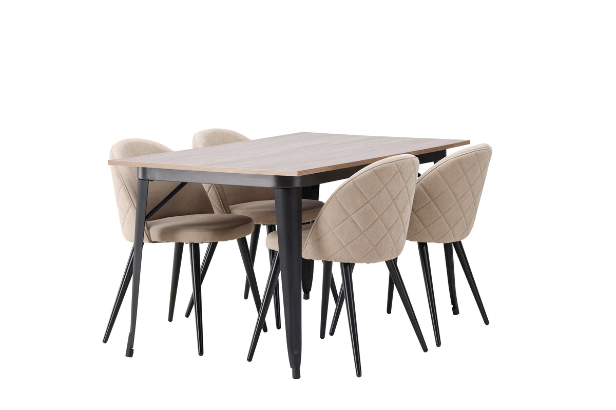 Tempe matgrupp med 4 Velvet-stolar med sömmar, svart, valnötsfinish och beige tyg