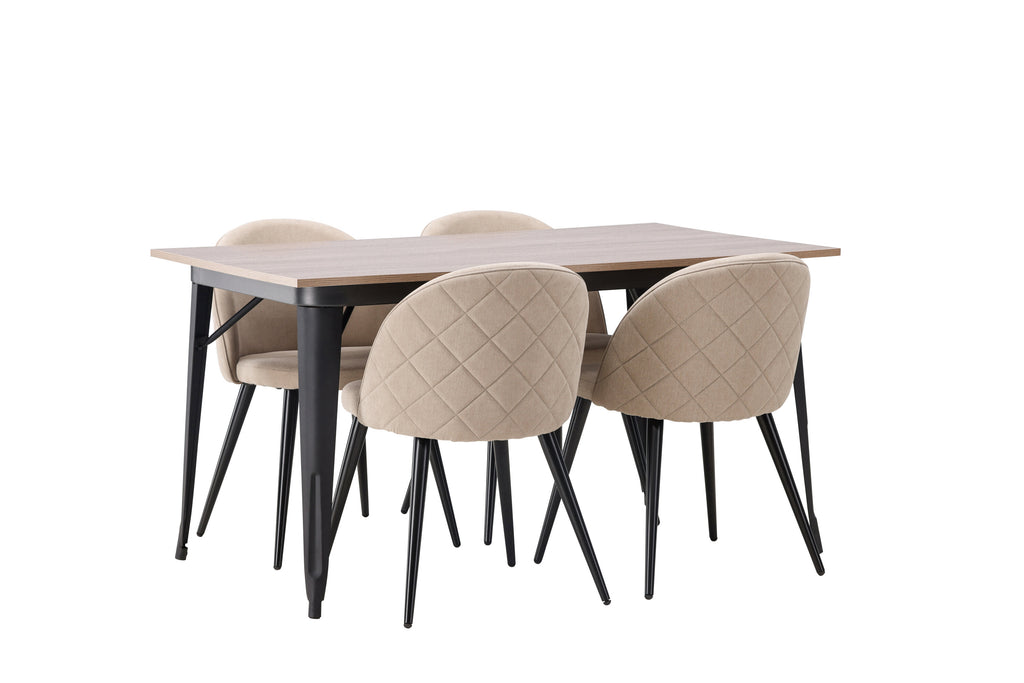 Tempe matgrupp med 4 Velvet-stolar med sömmar, svart, valnötsfinish och beige tyg