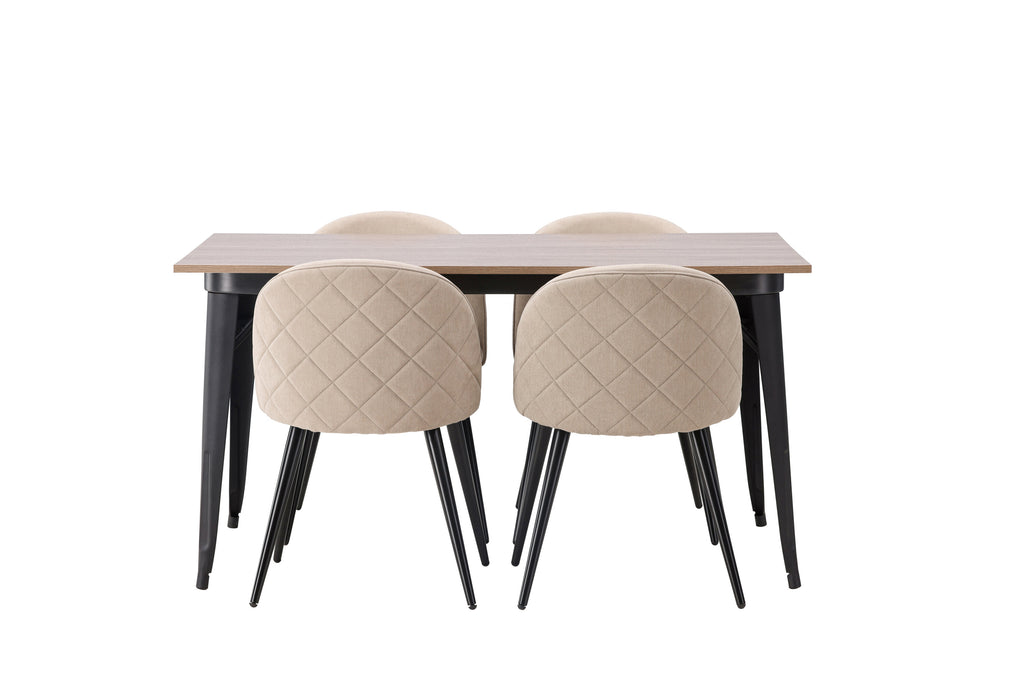 Tempe matgrupp med 4 Velvet-stolar med sömmar, svart, valnötsfinish och beige tyg