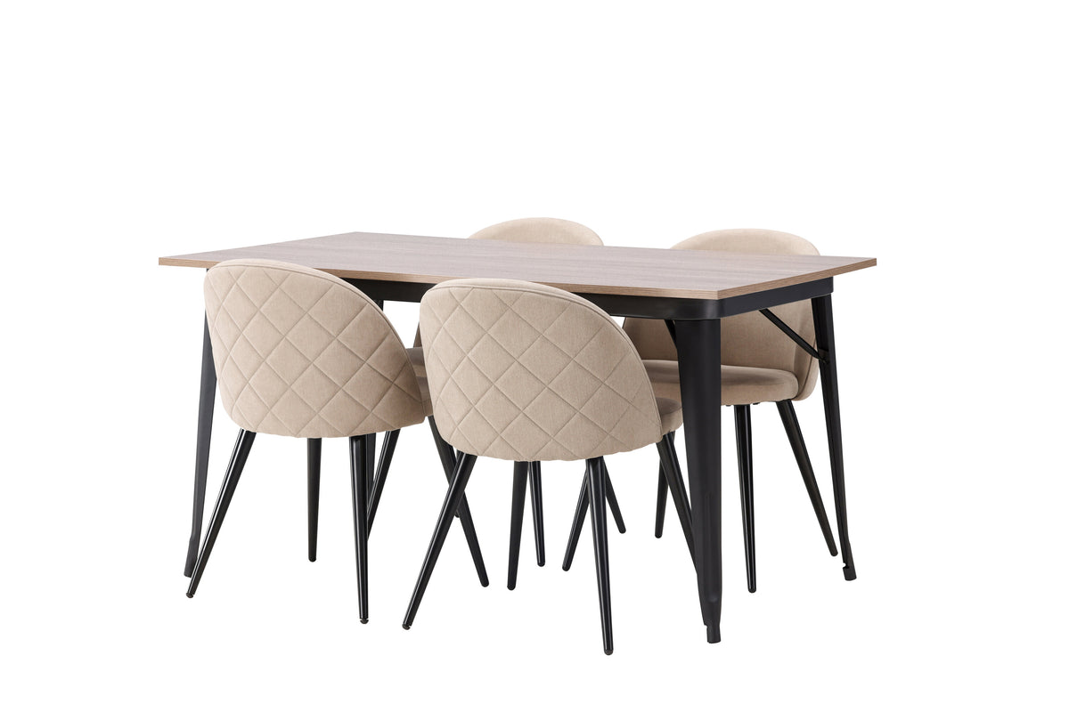 Tempe matgrupp med 4 Velvet-stolar med sömmar, svart, valnötsfinish och beige tyg