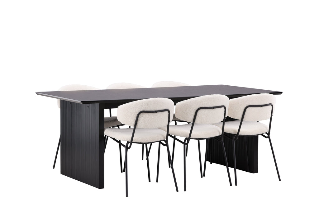 Vail matgrupp med 6 Chico stolar svart/röksvart MDF och svart/vit bouclé