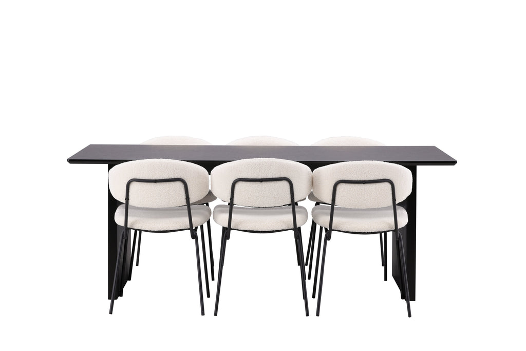 Vail matgrupp med 6 Chico stolar svart/röksvart MDF och svart/vit bouclé