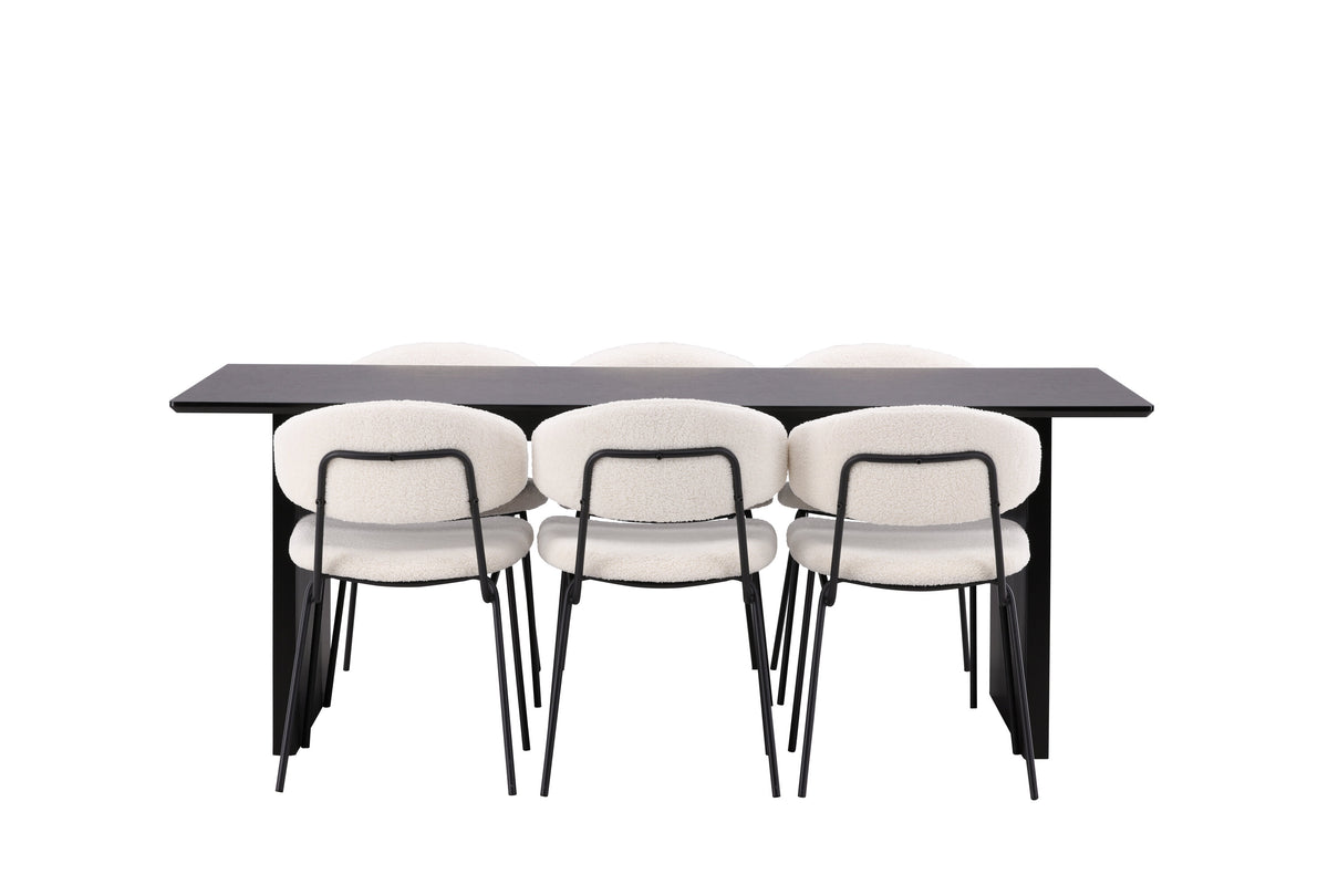 Vail matgrupp med 6 Chico stolar svart/röksvart MDF och svart/vit bouclé