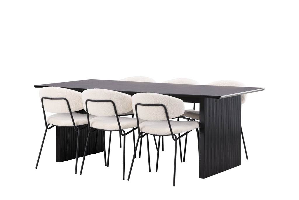 Vail matgrupp med 6 Chico stolar svart/röksvart MDF och svart/vit bouclé