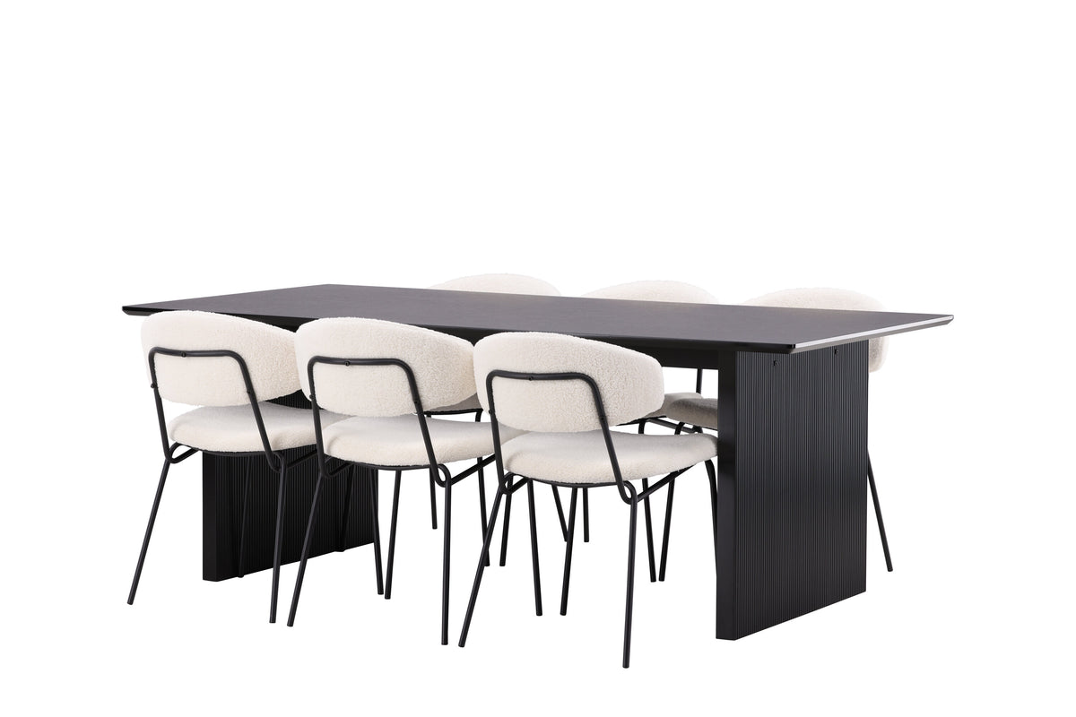 Vail matgrupp med 6 Chico stolar svart/röksvart MDF och svart/vit bouclé
