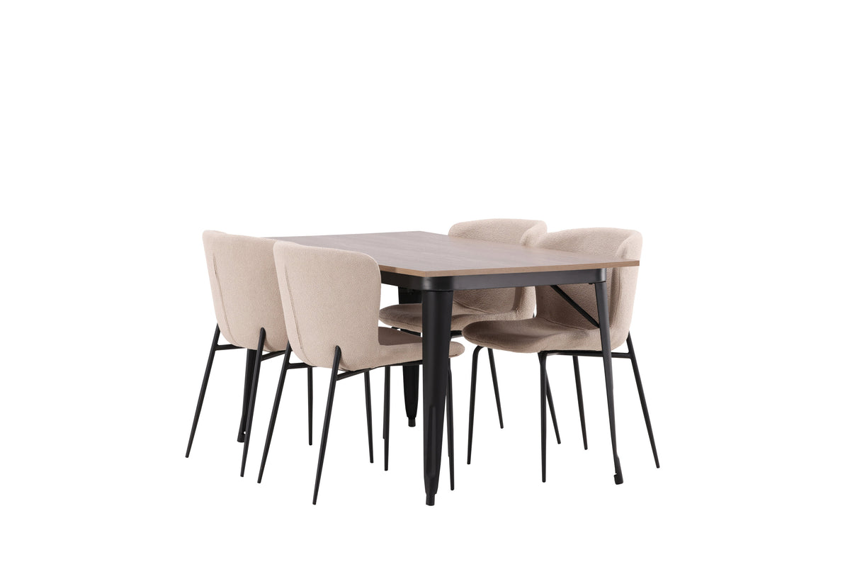 Tempe matgrupp med 4 Modesto stolar svart/valnötsbrun MDF och grå/röksvart bouclé
