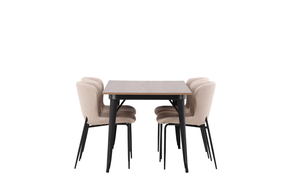 Tempe matgrupp med 4 Modesto stolar svart/valnötsbrun MDF och grå/röksvart bouclé