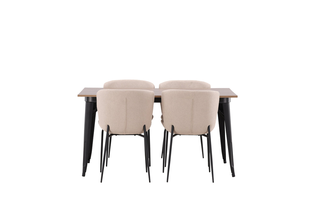 Tempe matgrupp med 4 Modesto stolar svart/valnötsbrun MDF och grå/röksvart bouclé