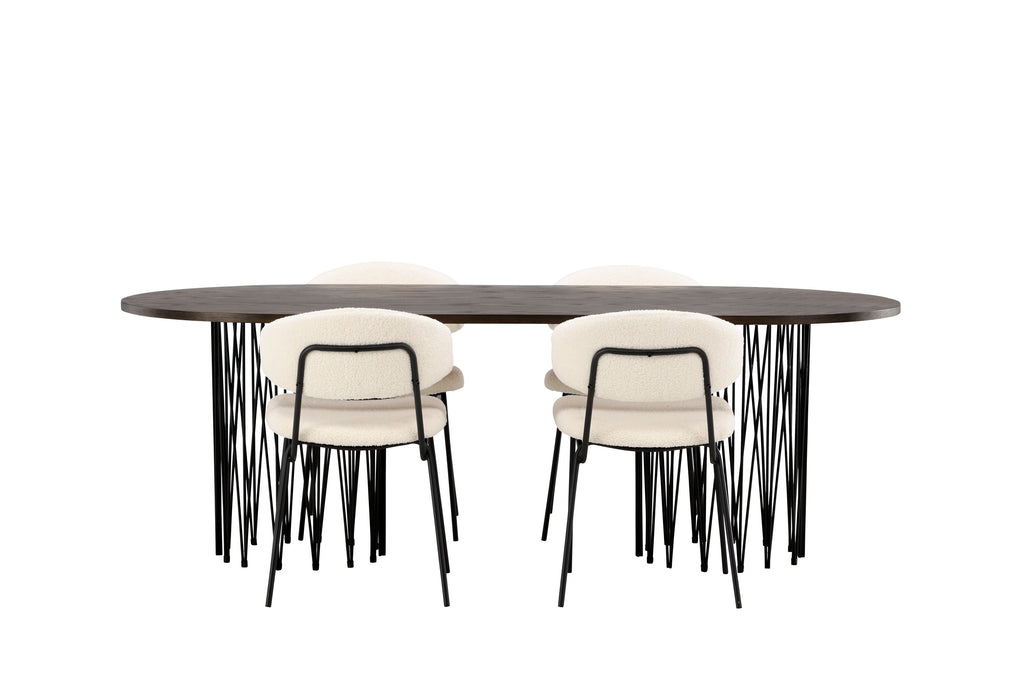 Stone oval matgrupp med 4 Chico-stolar svart/mockabrunt faner och vit bouclé