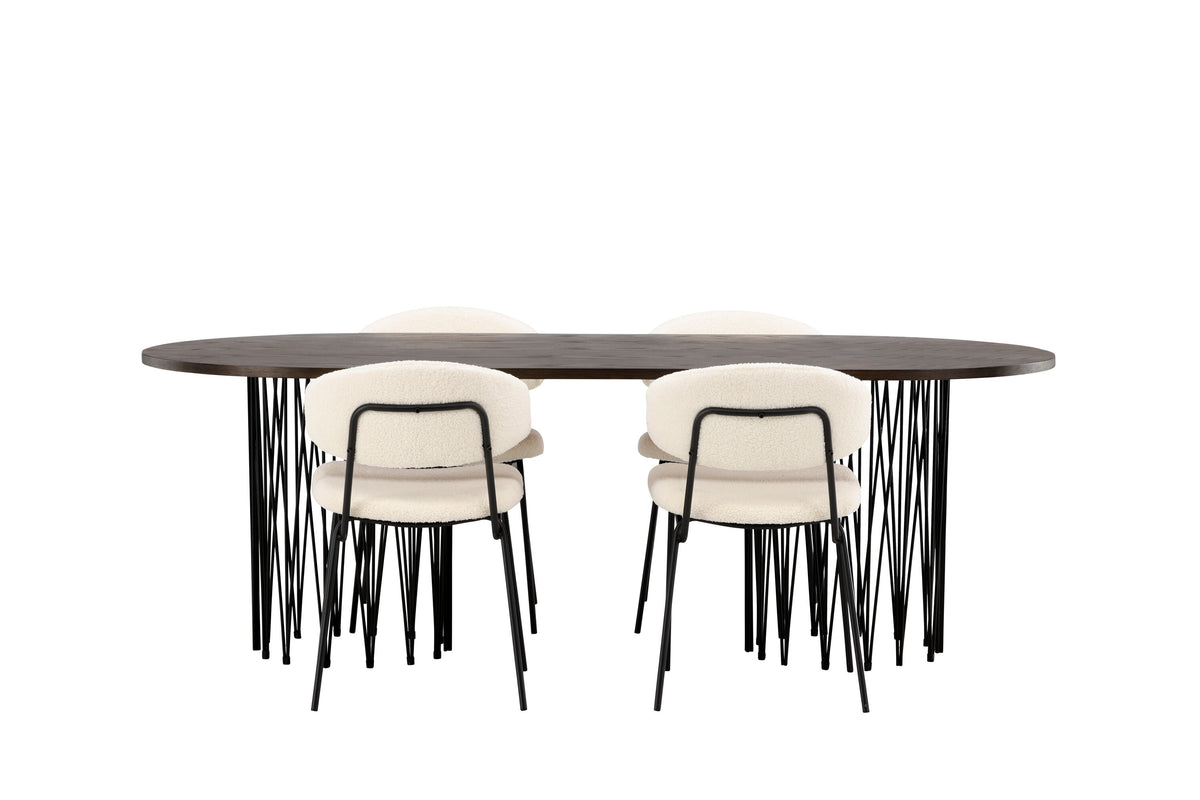 Stone oval matgrupp med 4 Chico-stolar svart/mockabrunt faner och vit bouclé