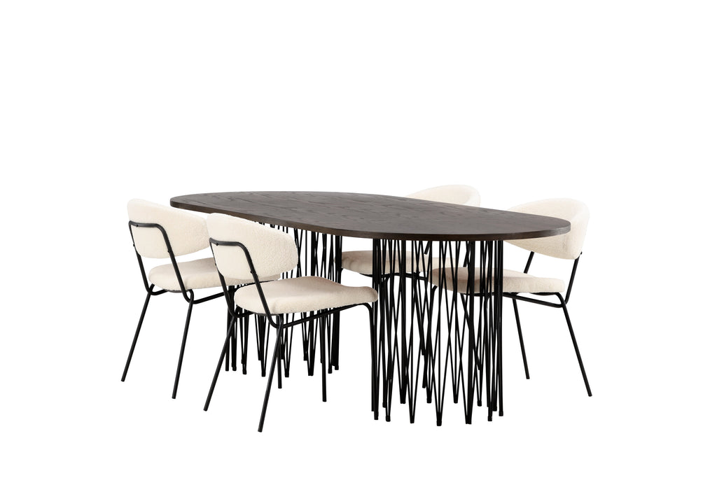 Stone oval matgrupp med 4 Chico-stolar svart/mockabrunt faner och vit bouclé