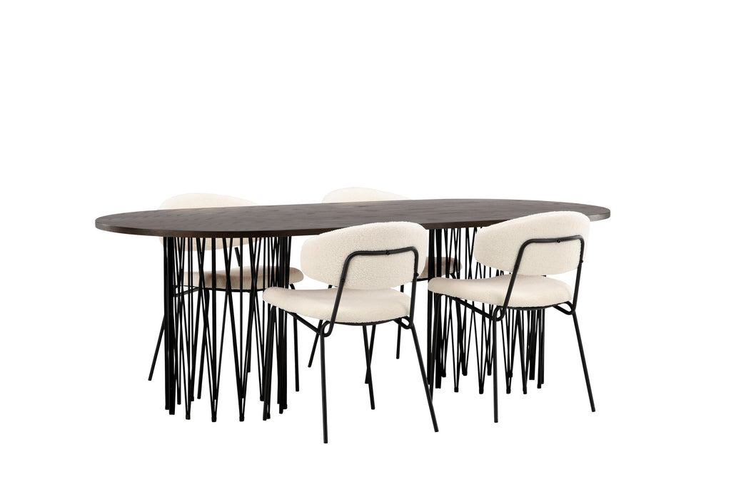 Stone oval matgrupp med 4 Chico-stolar svart/mockabrunt faner och vit bouclé