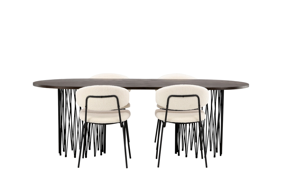 Stone oval matgrupp med 4 Chico-stolar svart/mockabrunt faner och vit bouclé