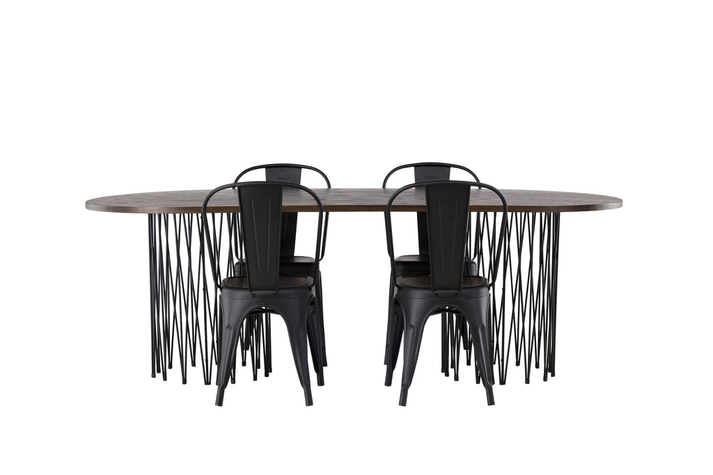 Stone/Tempe oval matgrupp med 4 stolar svart/mockabrun faner och mattsvart metall