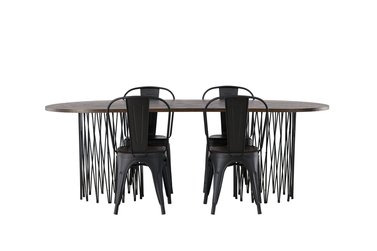 Stone/Tempe oval matgrupp med 4 stolar svart/mockabrun faner och mattsvart metall