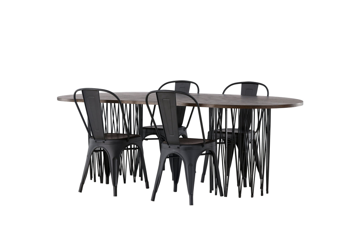Stone/Tempe oval matgrupp med 4 stolar svart/mockabrun faner och mattsvart metall
