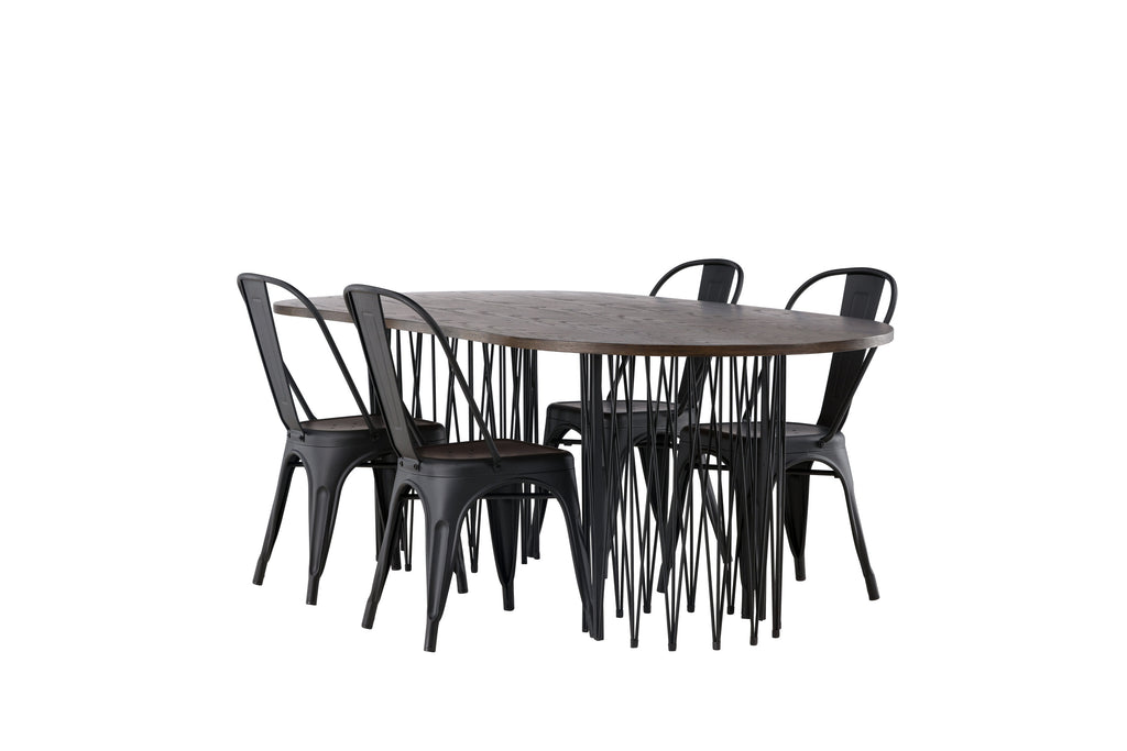 Stone/Tempe oval matgrupp med 4 stolar svart/mockabrun faner och mattsvart metall