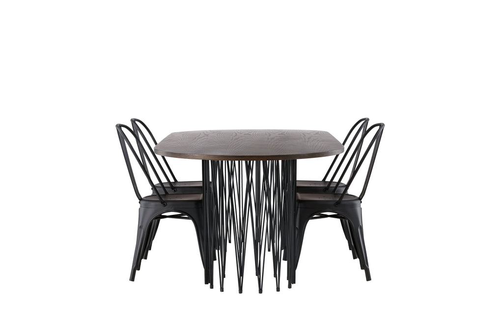 Stone/Tempe oval matgrupp med 4 stolar svart/mockabrun faner och mattsvart metall
