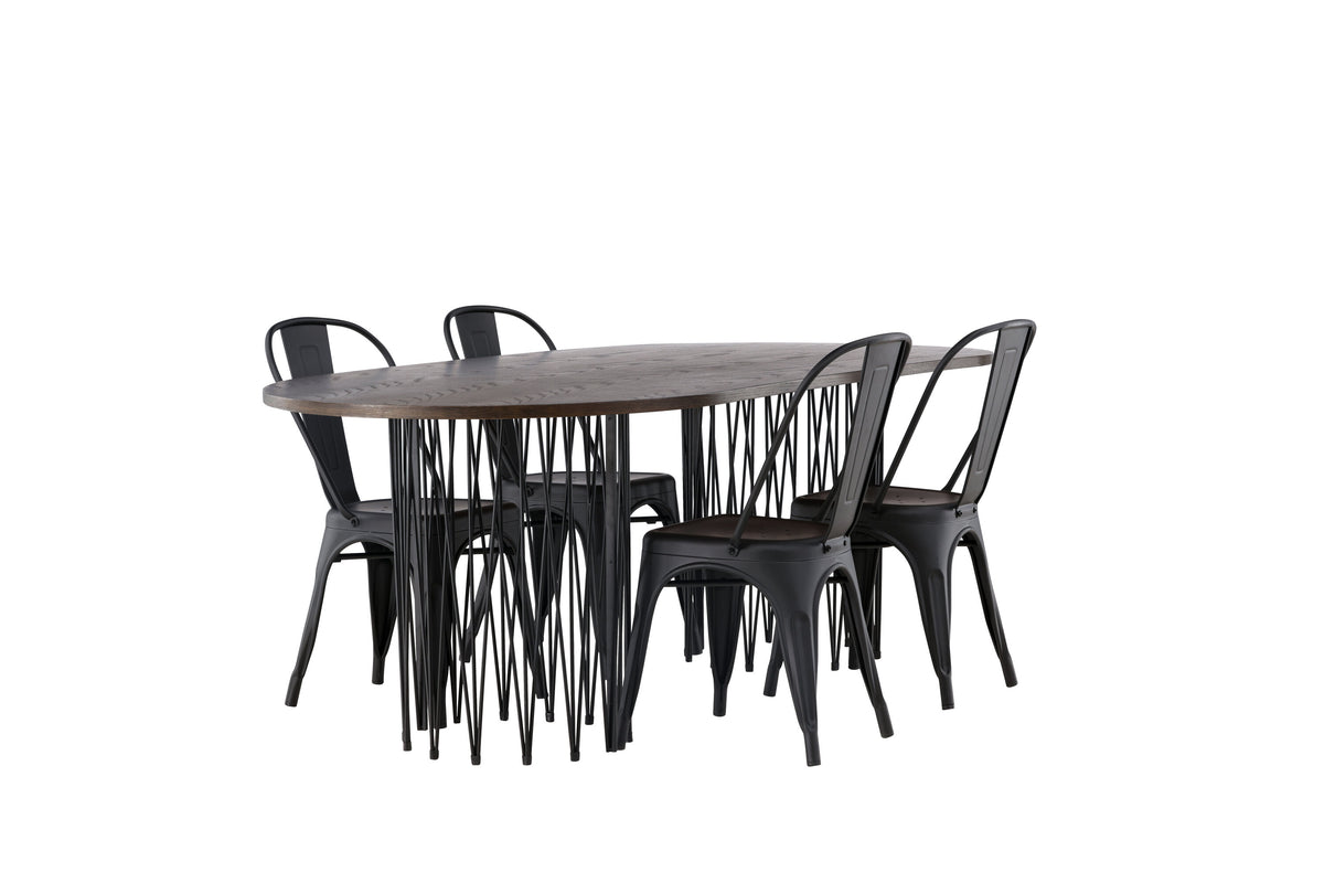 Stone/Tempe oval matgrupp med 4 stolar svart/mockabrun faner och mattsvart metall