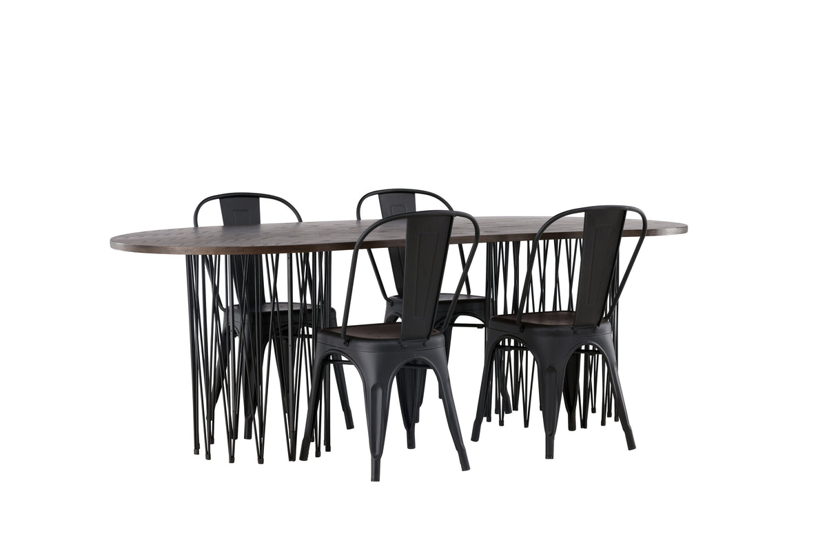 Stone/Tempe oval matgrupp med 4 stolar svart/mockabrun faner och mattsvart metall