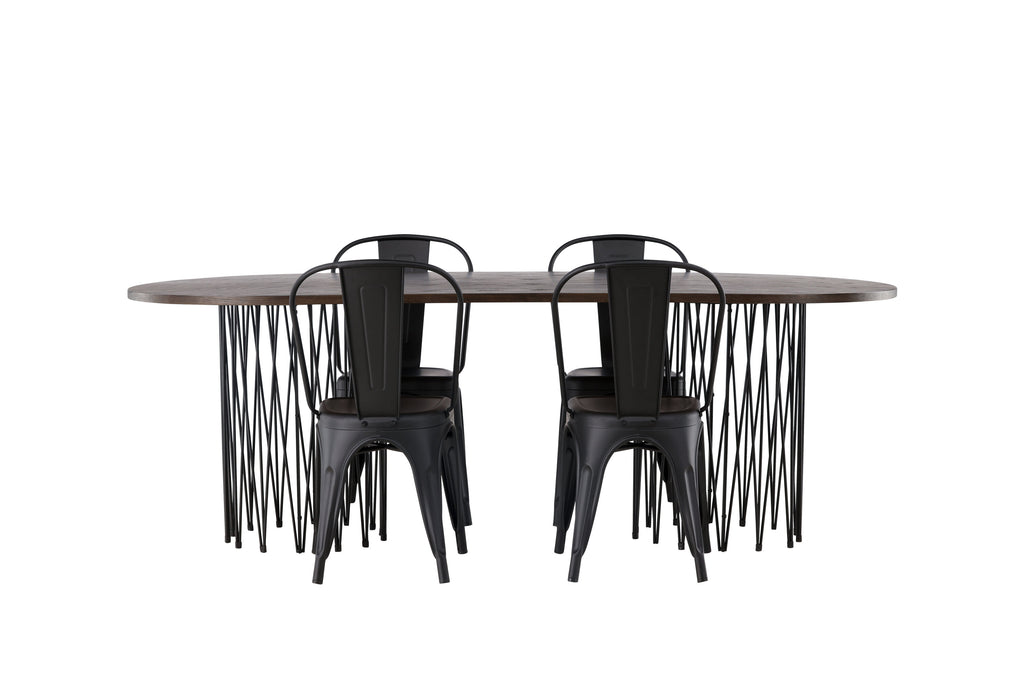 Stone/Tempe oval matgrupp med 4 stolar svart/mockabrun faner och mattsvart metall