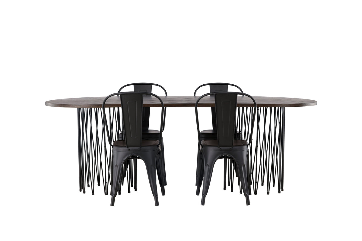 Stone/Tempe oval matgrupp med 4 stolar svart/mockabrun faner och mattsvart metall