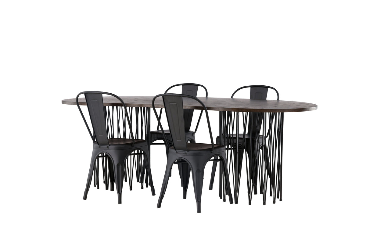 Stone/Tempe oval matgrupp med 4 stolar svart/mockabrun faner och mattsvart metall