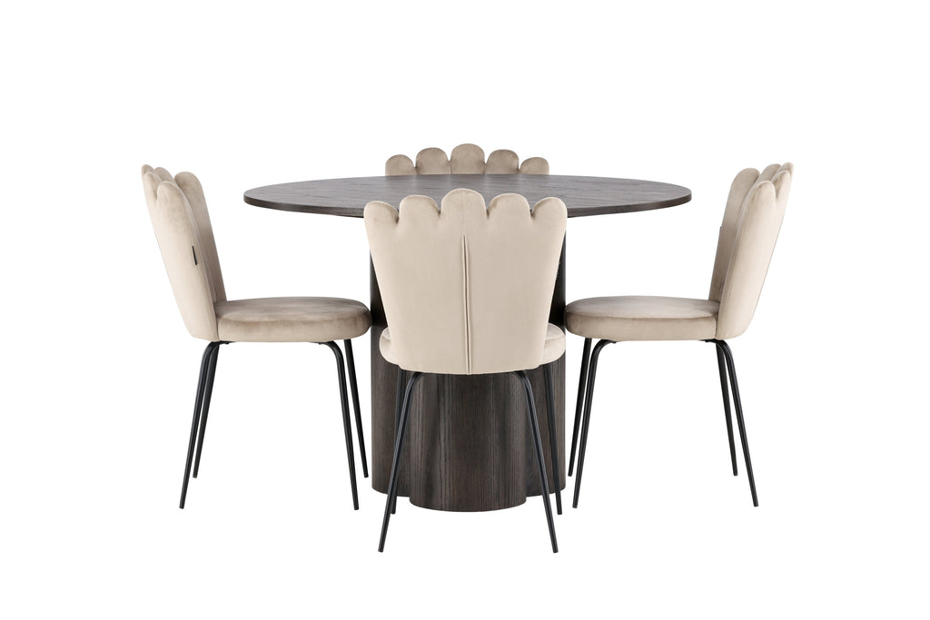 Olivia och Limhamn Light rund matgrupp med 4 stolar i mockabrunt, svart och beige, faner och sammet