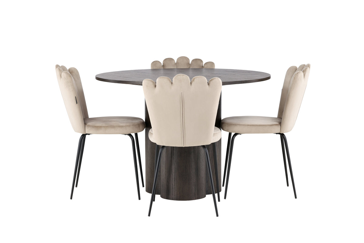 Olivia och Limhamn Light rund matgrupp med 4 stolar i mockabrunt, svart och beige, faner och sammet