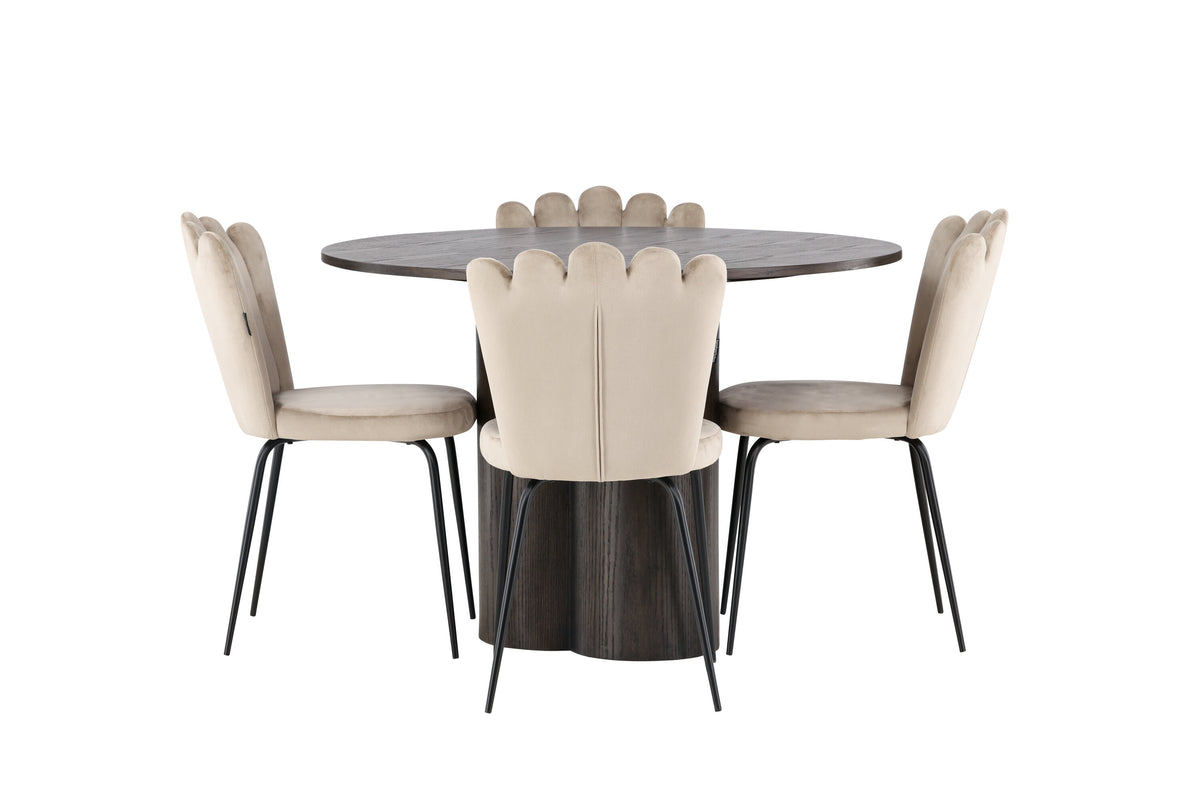 Olivia och Limhamn Light rund matgrupp med 4 stolar i mockabrunt, svart och beige, faner och sammet
