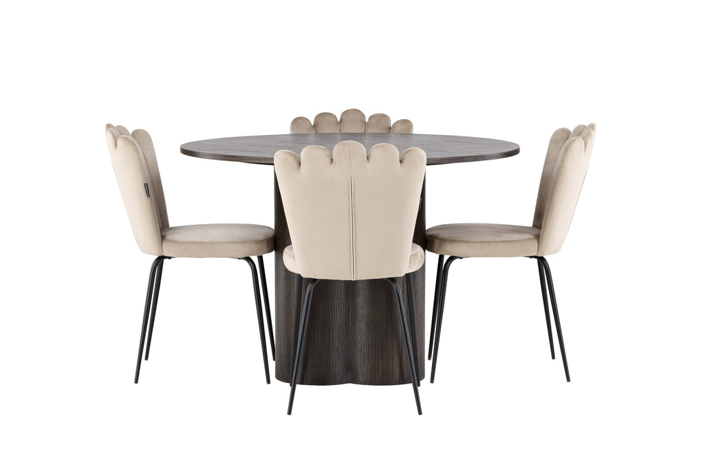 Olivia och Limhamn Light rund matgrupp med 4 stolar i mockabrunt, svart och beige, faner och sammet