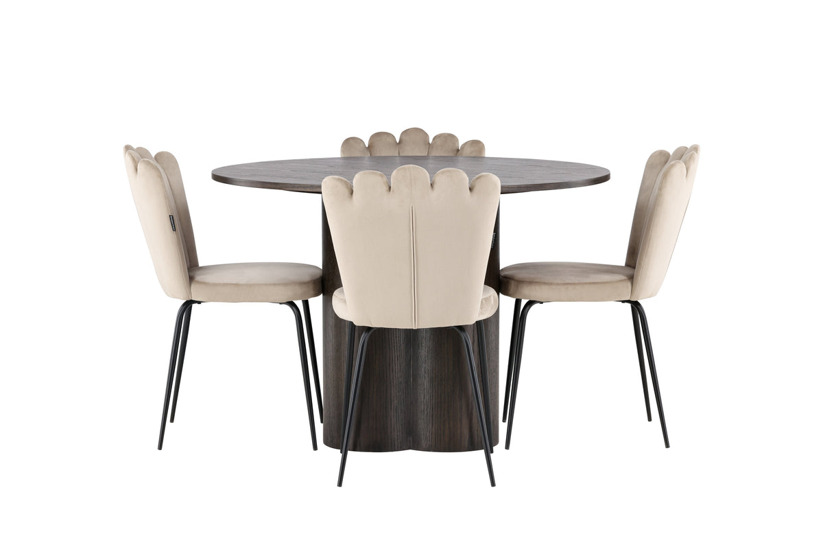 Olivia och Limhamn Light rund matgrupp med 4 stolar i mockabrunt, svart och beige, faner och sammet