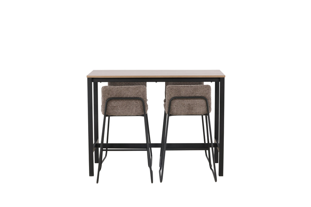 Camden barbord i valnötsfärgad MDF med 4 Bisbee barstolar i svart och mörkgrå mikrofiber