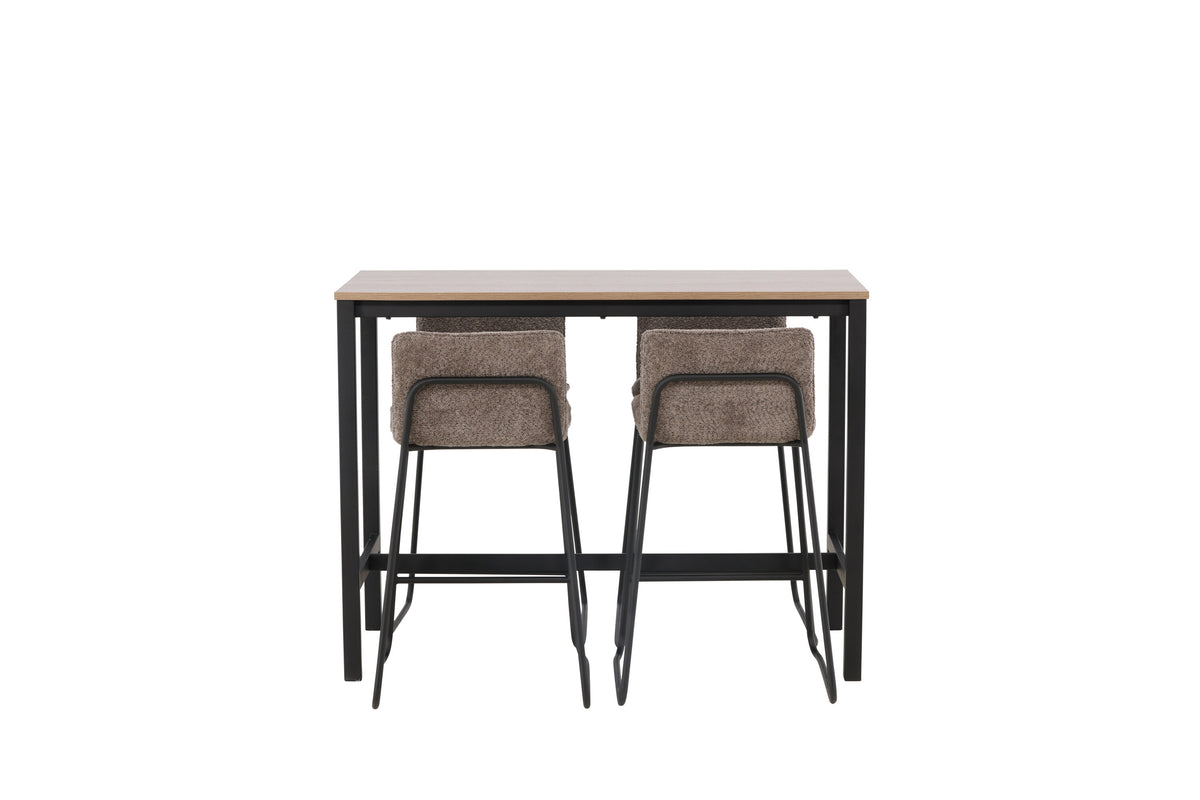 Camden barbord i valnötsfärgad MDF med 4 Bisbee barstolar i svart och mörkgrå mikrofiber