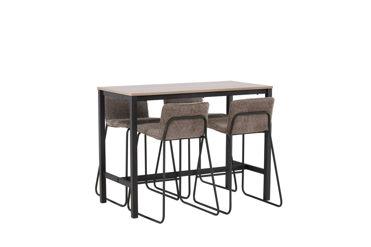 Camden barbord i valnötsfärgad MDF med 4 Bisbee barstolar i svart och mörkgrå mikrofiber