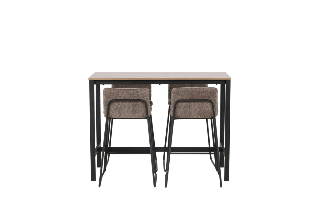 Camden barbord i valnötsfärgad MDF med 4 Bisbee barstolar i svart och mörkgrå mikrofiber