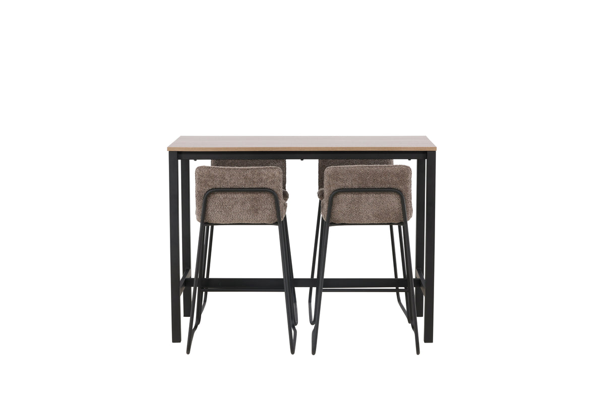 Camden barbord i valnötsfärgad MDF med 4 Bisbee barstolar i svart och mörkgrå mikrofiber