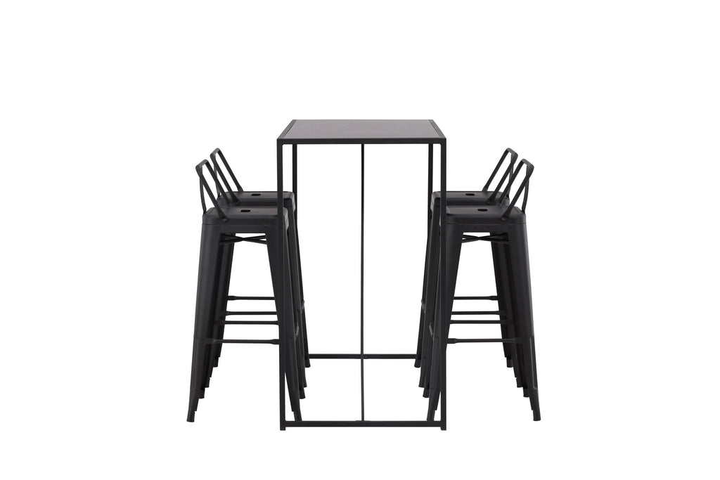 Brea barbord med 4 Tempe barpallar med plan sits, svart MDF och mattsvart metall