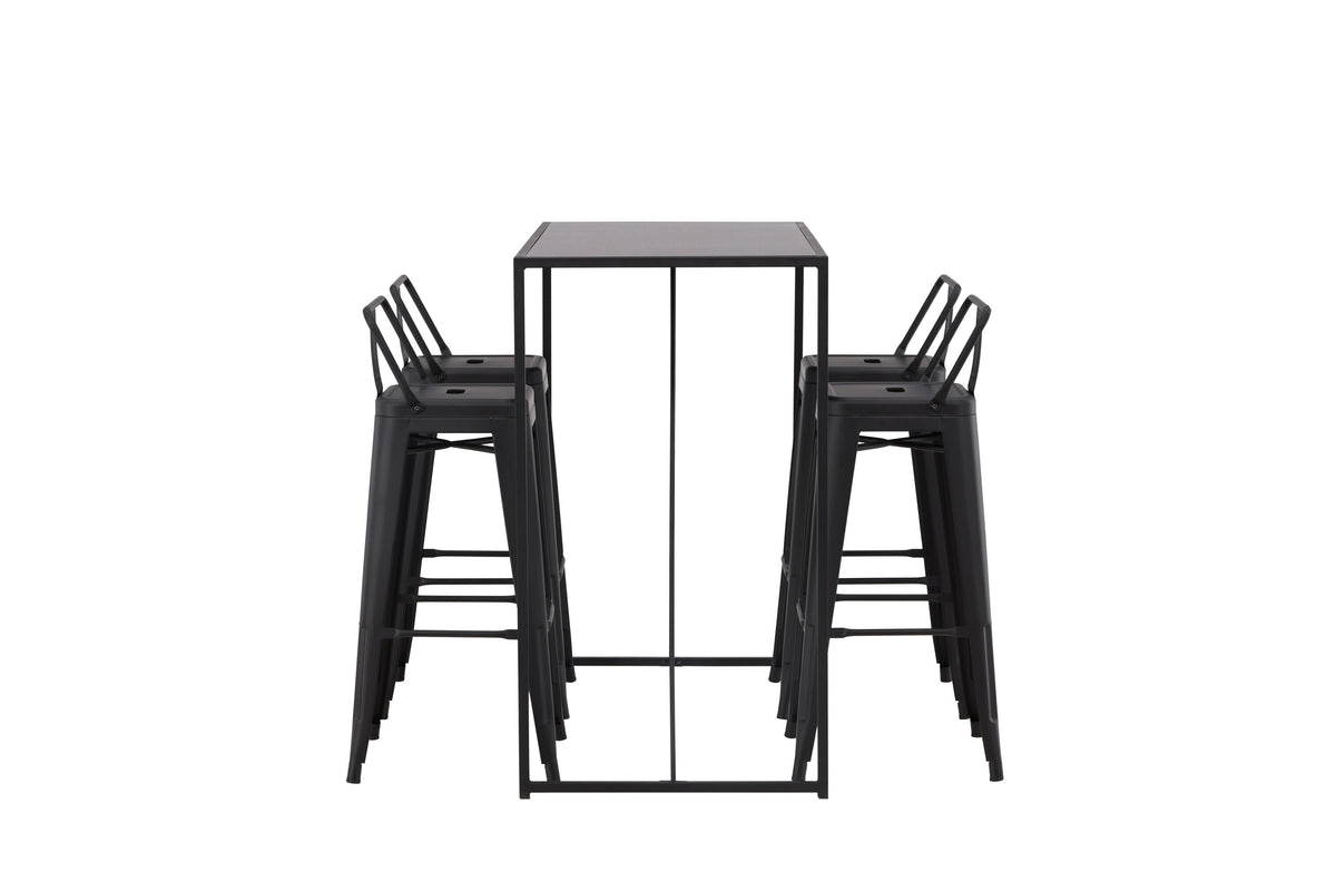 Brea barbord med 4 Tempe barpallar med plan sits, svart MDF och mattsvart metall