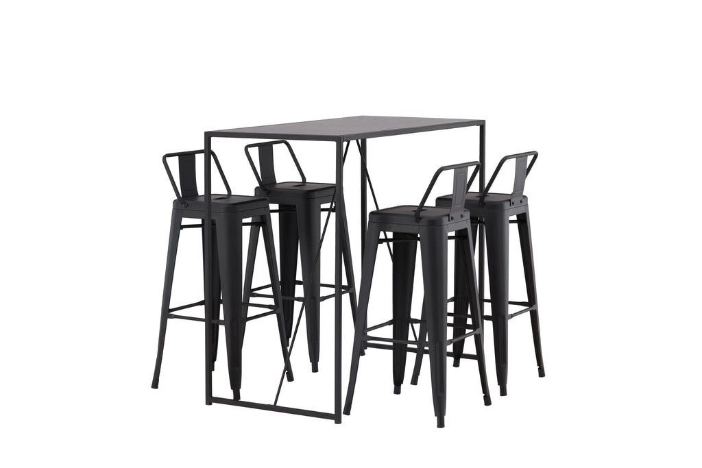Brea barbord med 4 Tempe barpallar med plan sits, svart MDF och mattsvart metall