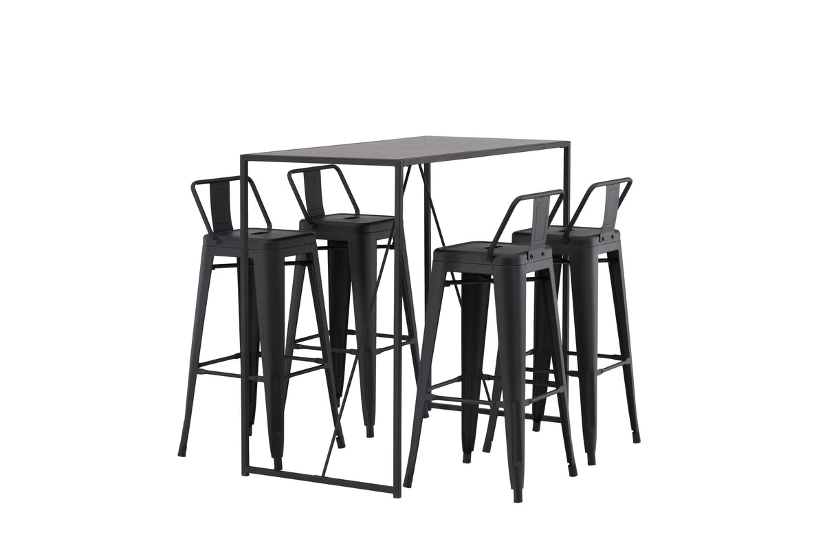 Brea barbord med 4 Tempe barpallar med plan sits, svart MDF och mattsvart metall