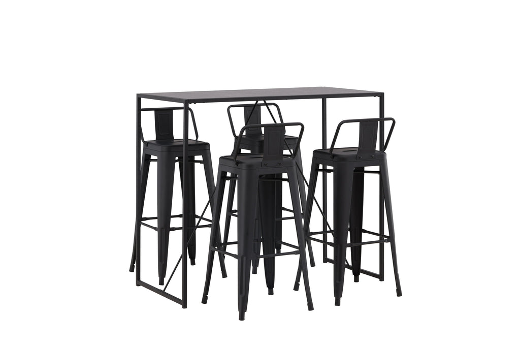 Brea barbord med 4 Tempe barpallar med plan sits, svart MDF och mattsvart metall