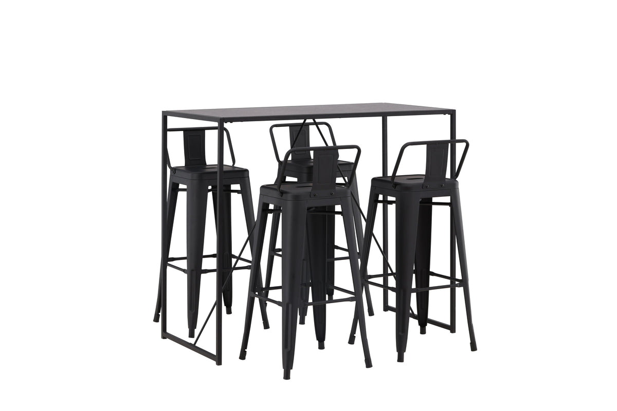 Brea barbord med 4 Tempe barpallar med plan sits, svart MDF och mattsvart metall