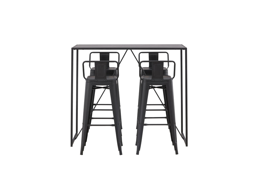 Brea barbord med 4 Tempe barpallar med plan sits, svart MDF och mattsvart metall