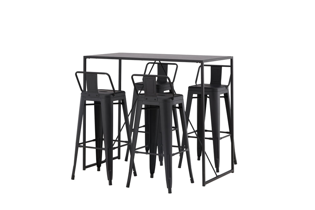 Brea barbord med 4 Tempe barpallar med plan sits, svart MDF och mattsvart metall