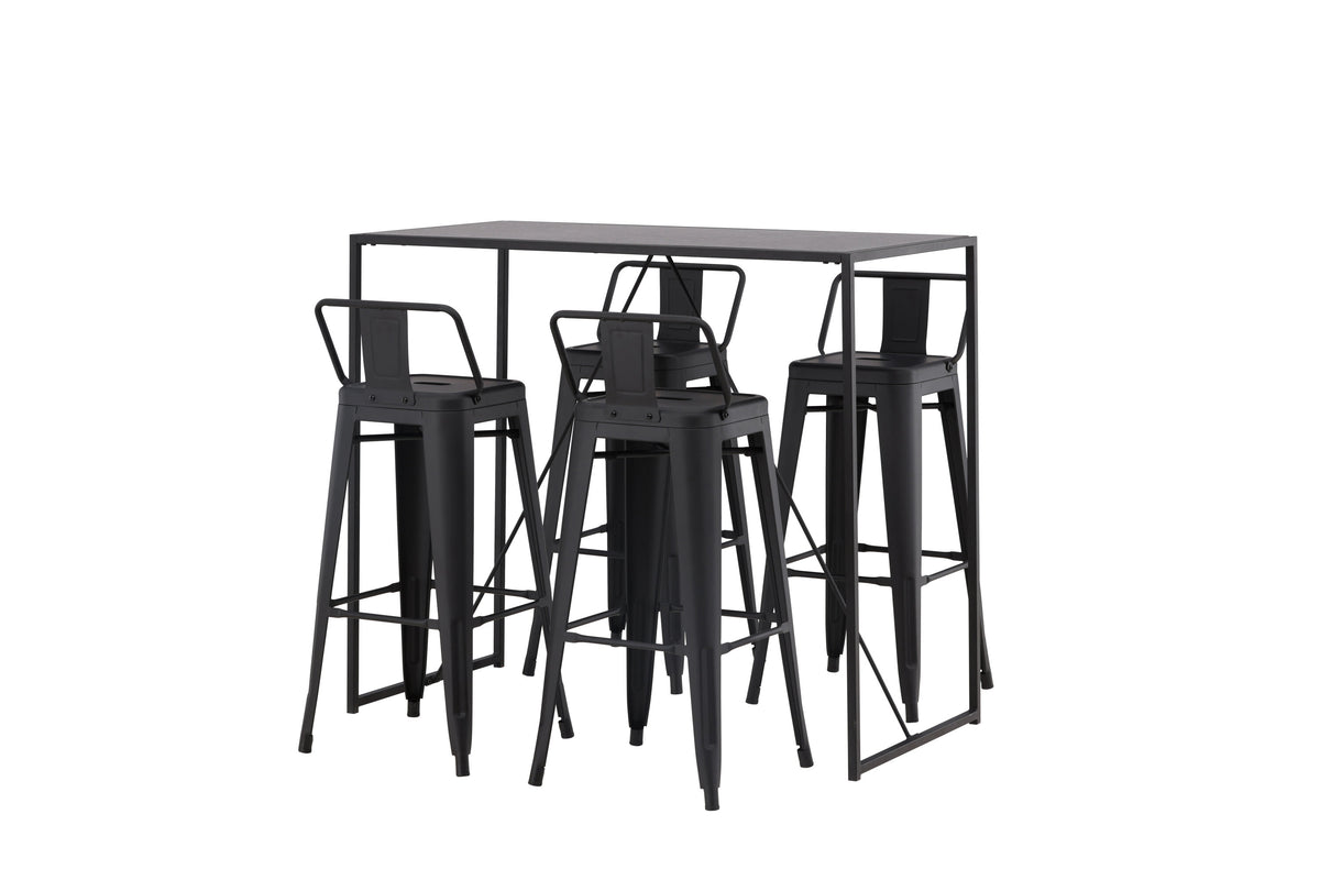 Brea barbord med 4 Tempe barpallar med plan sits, svart MDF och mattsvart metall