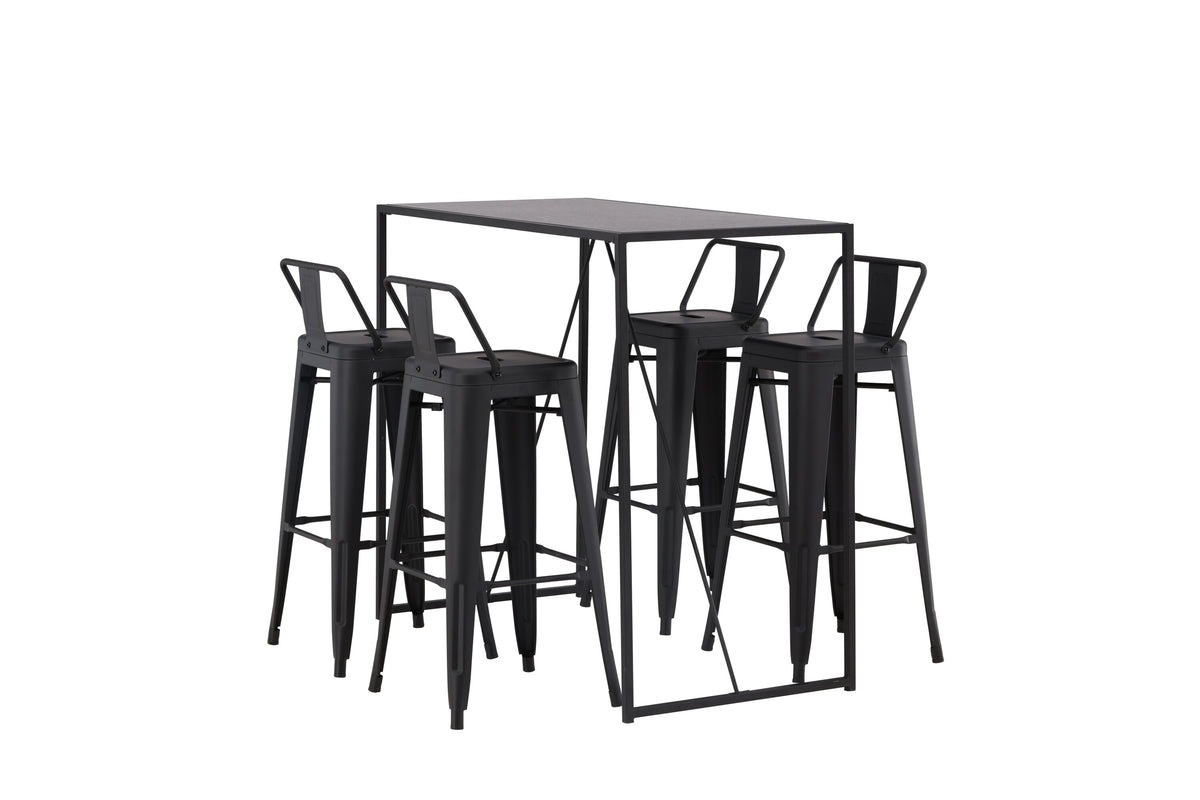 Brea barbord med 4 Tempe barpallar med plan sits, svart MDF och mattsvart metall