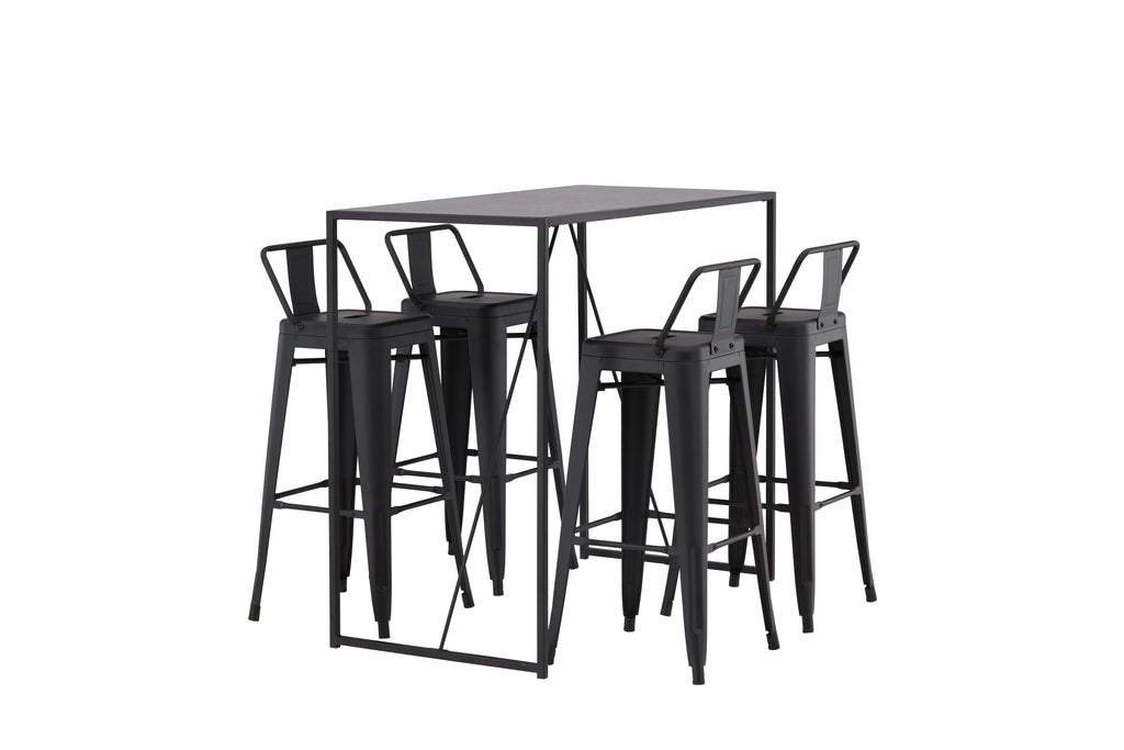 Brea barbord med 4 Tempe barpallar med plan sits, svart MDF och mattsvart metall