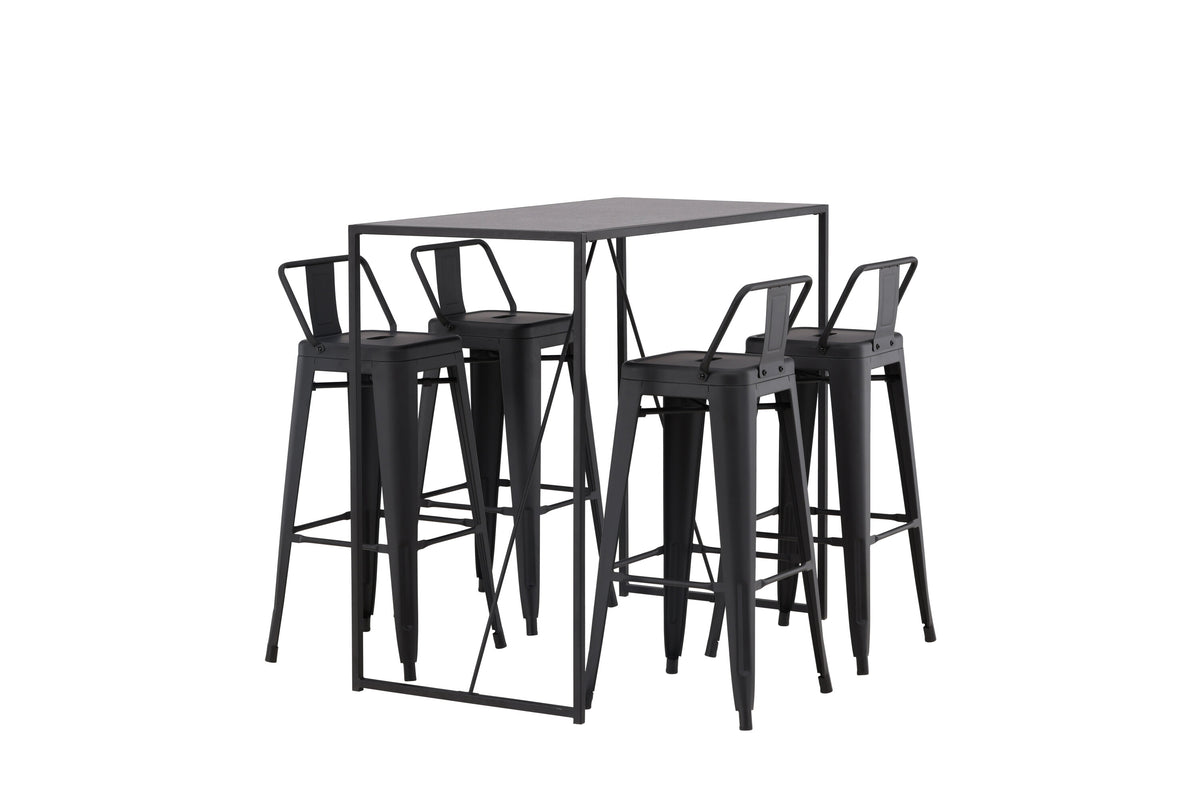 Brea barbord med 4 Tempe barpallar med plan sits, svart MDF och mattsvart metall