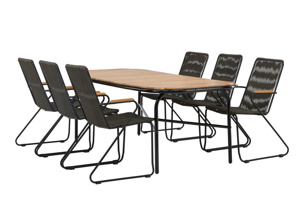 Holmbeck matgrupp med 6 Bois-stolar 90x200x75 cm svart och mörkgrå